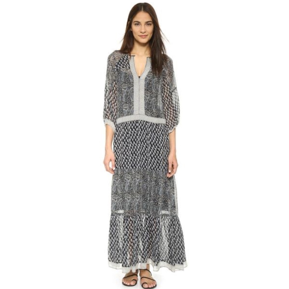 ULLA JOHNSON Silk Paisley Print Maxi Dress V-neck 3/4 Sleeve Size 2